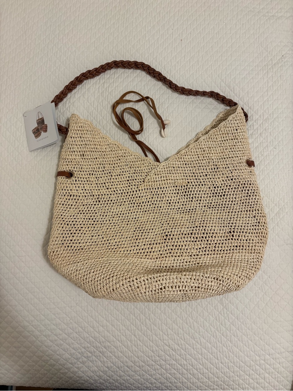 Hand Woven Cream Tote with Braided Leather Handle and Clutch